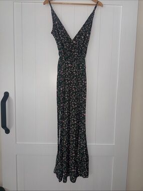 SHEIN Dark Green Maxi Dress with Pink Floral Print and Double V-Neck